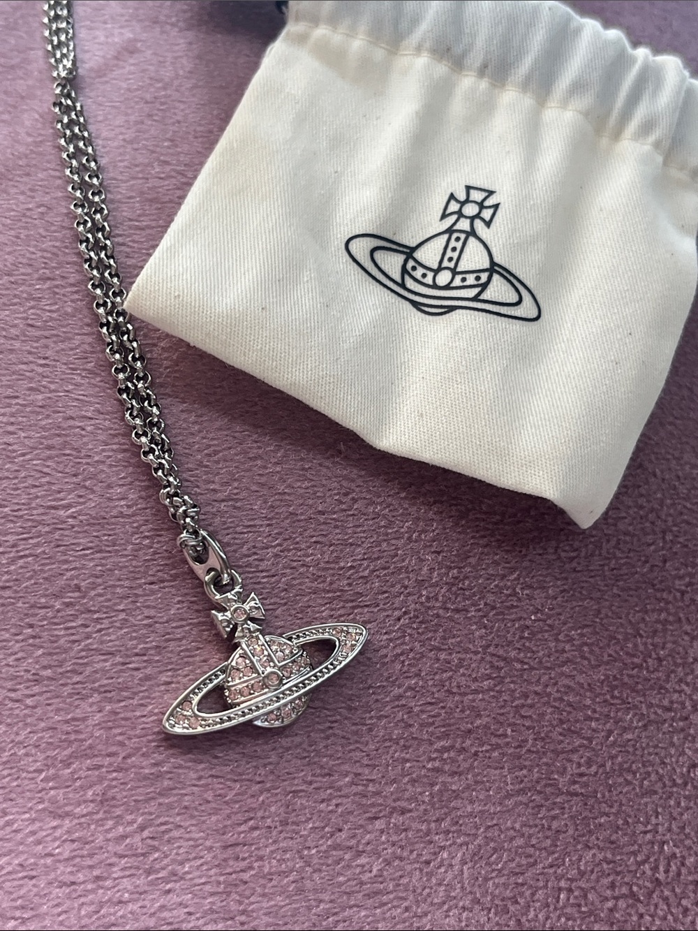 Vivienne Westwood Silver Crystal Orb Pendant Necklace with light pink diamonds